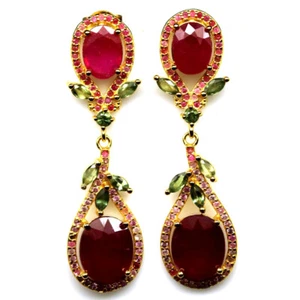 925 Sterling Silver Red Ruby, Sapphire & Zircon Earrings 18K Gold Plated - Picture 1 of 4