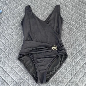 Michael Kors One Piece Swimsuit Womens Size 14 Ruched Black Logo Bathing Suit - Picture 1 of 5