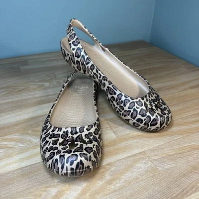 NWOT Crocs Ballet Flats Sz 9 Leopard Cheetah Comfort Cut Out Casual Sling Back - Image 1 of 4