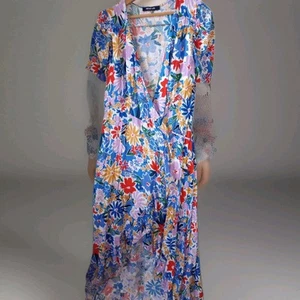 SugarLips Handkerchief Maxi Dress Vibrant Floral Rayon Tiered Short Sleeve XL - Picture 1 of 7
