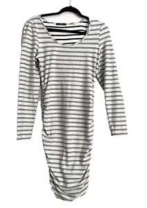 Tart Women's Striped 3/4 Sleeve Ivory Casual Dress Size Medium Ruched Sides Midi - Picture 1 of 5