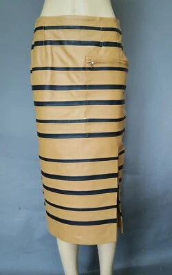 **Max Mara Lamb Skin Leather Long Midi Striped Tan Black Skirt Size 8 MSRP$1,350 - Image 1 of 4