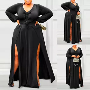 Womens Sexy V Neck Long Maxi Dress Ladies High Split Cocktail Evening Party Gown - Picture 1 of 13