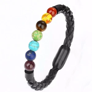 Bracelet 7 Chakra Leather Stainless Steel Buckle Balance Bead Natural Stone Yoga - Picture 1 of 4