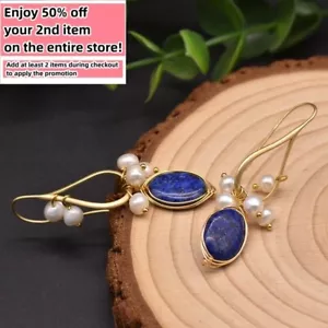 Freshwater Pearl Earrings Natural Gemstone Bohemian Dangle Drop 18K Gold Plated - Picture 1 of 7