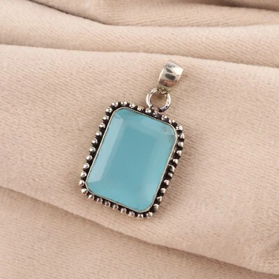 Regalo de aniversario para ella colgante de piedras preciosas de calcedonia azul plata de ley 925 Foto 1 de 4