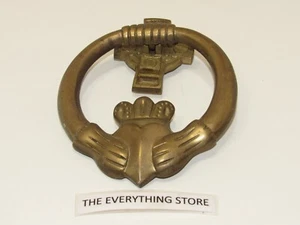 DOOR KNOCKER VINTAGE BRASS IRISH CELTIC CLADDAGH WITH CROSS USED FREE SHIP - Picture 1 of 2