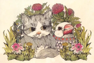 Japanese Postcard: Cat & Bird BFFs Laying in Flowers, Dandelions - Higuchi Yuko - Picture 1 of 3