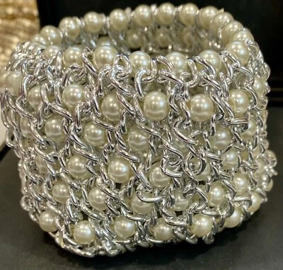 PULSERA ELÁSTICA KENNETH JAY LANE PERLAS DE VIDRIO Y CADENA DE PLATA! GRUESO! ENORME Foto 1 de 4