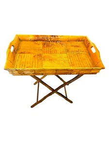 2 Piece Vintage tortoise Burnt Bamboo Folding Butler Tray removable X Base Stand - Picture 1 of 21