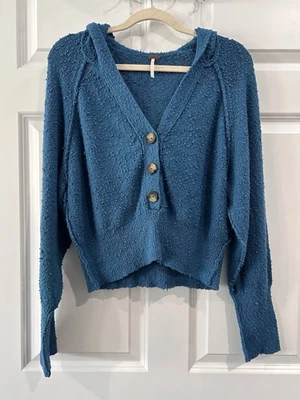 Free People Cropped Teal Sweater Sz M Hooded Textured Knit Boho Eclectic Casual - Image 1 of 4