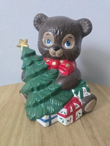 Vintage Ceramic Christmas Dark Bear With Christmas Tree & Presents Hand Painted - Picture 1 of 3