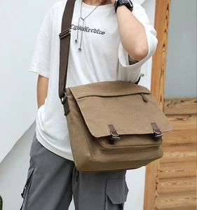 Men's Soft Vintage Canvas Leather School Military Shoulder Messenger Bag Satchel - Picture 1 of 9