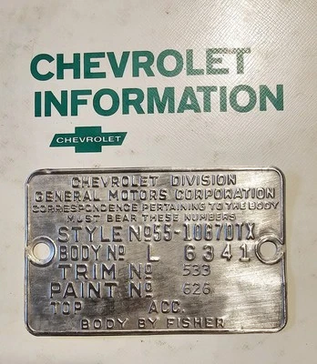 1955 Chevrolet Bel Air Convertible Trim Cowl Data Tag Solid Coral - Image 1 of 2