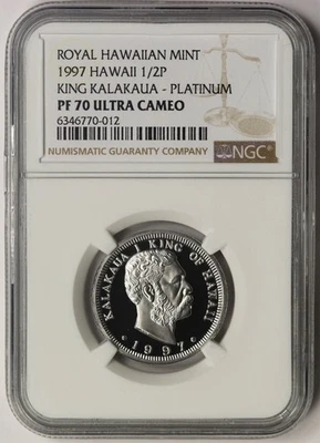 U.S.  HAWAII  1997 PLATINUM KING KALAKAUA 1/2 oz COIN NGC PROOF 70 ULTRA CAMEO - Image 1 of 4
