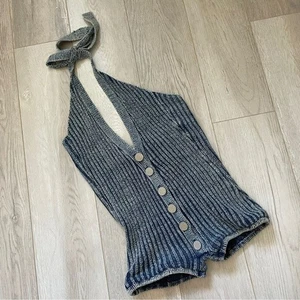 Knorts Knit Romper cotton halter denim womens Blue (small) retro handcrafted - Picture 1 of 7