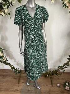 Influence Midi Dress Size 8 & 18 Green Leopard Print Puff Sleeve V Neck MH47 - Picture 1 of 15