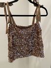 FREE PEOPLE Sequin Tank Top Satin Rose Gold/Copper Crop XS Extra Small $68