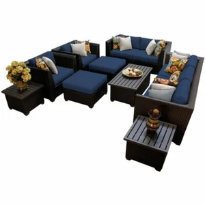 TK Classics Barbados 12 Piece Wicker Patio Sectional Set w/ Navy Cushions - Picture 1 of 1