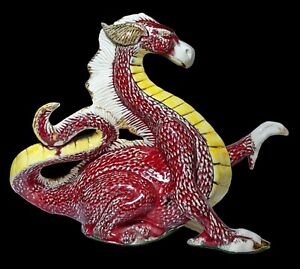Vintage Red, Silver, Yellow & Gold Porcelain Dragon Figurine Statue 8.5" T 12"L