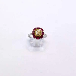 935 Silver Fancy Yellow Citrine, Pink Ruby & White CZ Fine Flower Design Ring - Picture 1 of 7