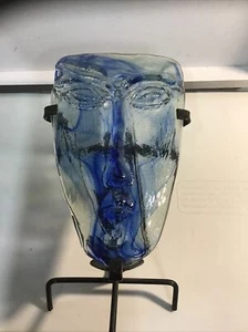Mexican Handmade Bluish Glass Mask Candle Holder - Picture 1 of 8