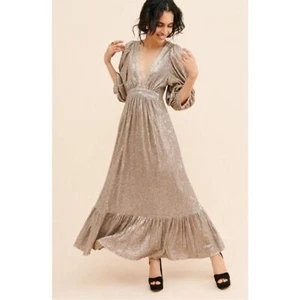 Saltwater Luxe Wren Gold Pailletten Maxikleid V-Ausschnitt Puffärmel Neu mit Etikett Größe Small - Bild 1 von 7