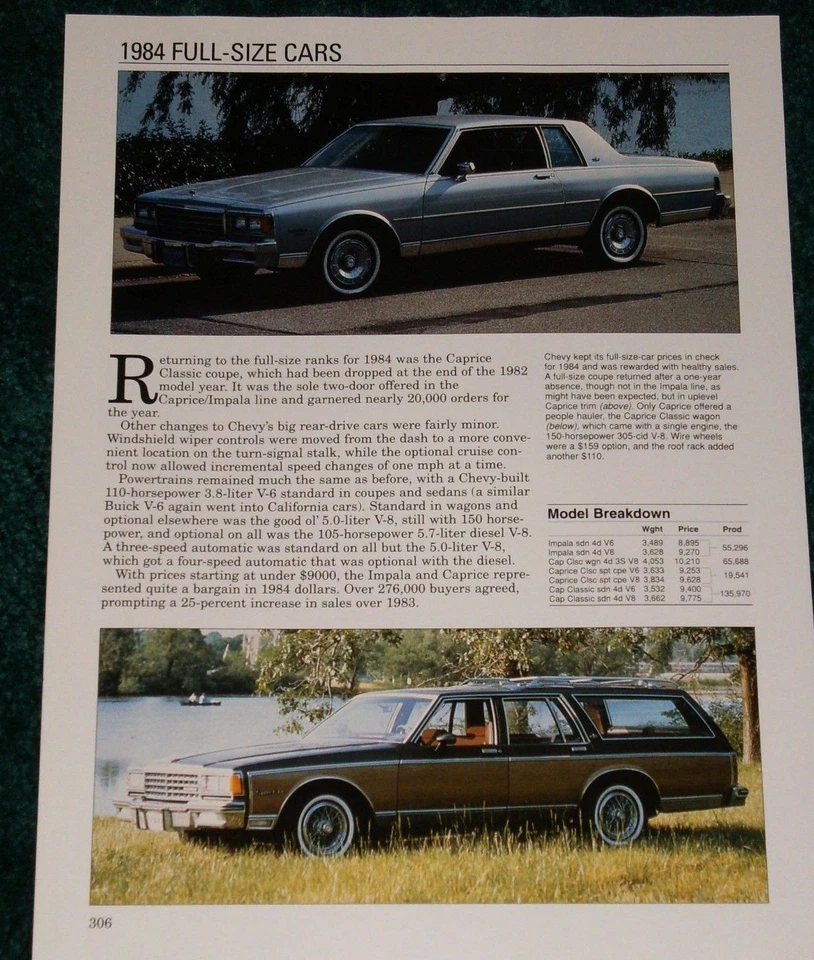 1984 CHEVY IMPALA-CAPRICE-WAGON-CLASSIC SPEC ЛИСТ ИНФОРМАЦИИ ФОТО 84  - Изображение 1 из 1