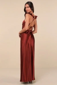 Maxi abito Lulus rosso ruggine esuberante lusso raso arricciato stringato taglia S - Foto 1 di 8