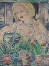 Clemens Spengler (1903-1969) Original Aquarell Mädchen beim Blumen gießen (10)