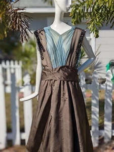 ANTIQUE EDWARDIAN CHARCOAL SILK AND BLUE SILK CHIFFON DRESS W/ BEADING & SEQUINS - Picture 1 of 9