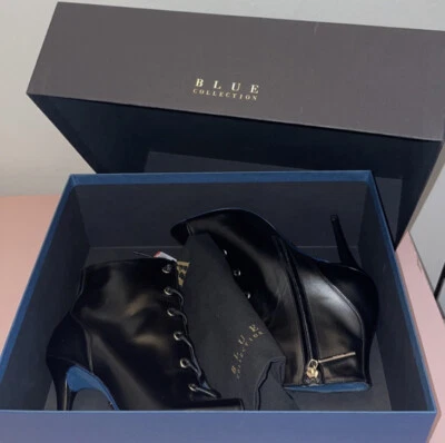 "Botín Zara Blue Collection con cordones punta abierta cuero negro 4"" tacón de aguja $169" Foto 1 de 4