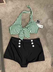 NWT Retro Stage Vintage Look Women’s Two Piece Swimsuit L green - Picture 1 of 3
