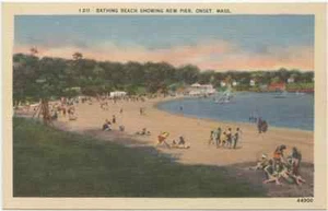 Bathing Beach - New Pier, Onset, MA Massachusetts Linen Postcard - Picture 1 of 2