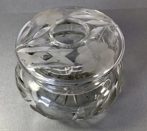 Brilliant Period Glass Bohemian Floral Crystal Etched Hair Receiver Bowl W/Lid - Picture 1 of 24