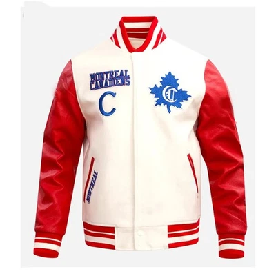 Montreal Canadiens Off White Body Red Leather Letterman Jacket Varsity Jacket - Image 1 of 4