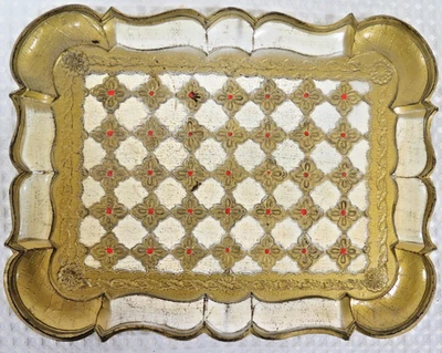 Vintage Italian Florentine Gilt Serving Tray Gold White Red Made Italy Tole - Image 1 of 4