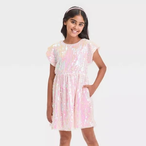 Girls' Short Sleeve Sequin Dress - Cat & Jack Peach Pink M - Picture 1 of 3