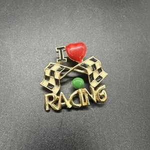 Broche de Carreras Vintage Pin Esmaltado Cuadros Bandera I Heart Love Tono Dorado - Imagen 1 de 7