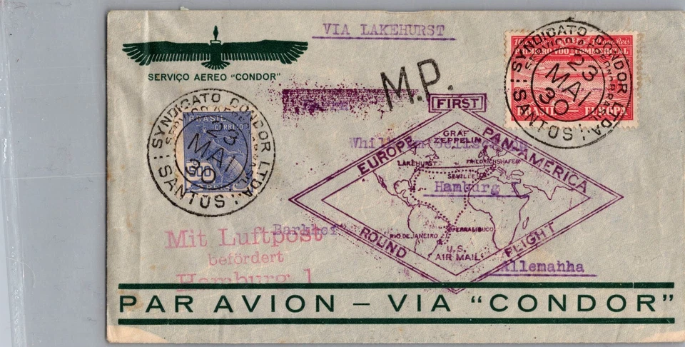 1930 Brasil Santos Recife Graf Zeppelin LZ 127 Cóndor Cubierta a Alemania Hamburgo Foto 1 de 2