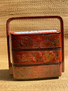 Vintage Chinese Lacquer and Enamel Tiered Lunch Box, Blue  and White Enamel - Picture 1 of 8