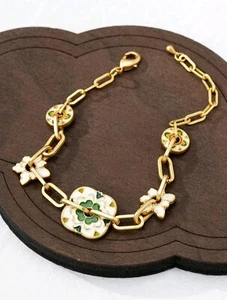 Traditionelles vierblättriges Kleeblatt Handarbeit verkupfertes Emaille Kettenarmband - Bild 1 von 2