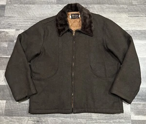 1960s Vancort Large Men Vintage Wool Mackinaw Jacket Faux Fur Collar Barjo Zip - Picture 1 of 9