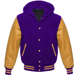 Varsity Bomber Letterman Hoodie Purple Wool Jacket & Real Gold Leather Sleeves - Picture 1 of 4