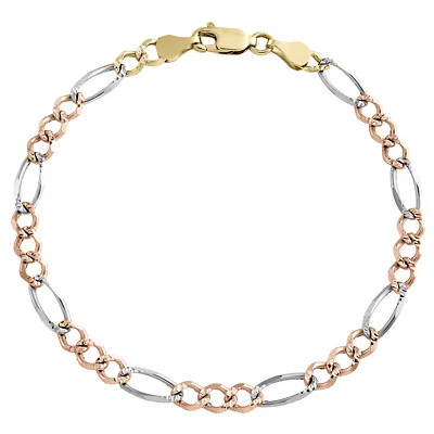 14K Tri Color Gold Unisex 4mm Diamond Cut Solid Figaro Link 7" Fancy Bracelet - Image 1 of 4