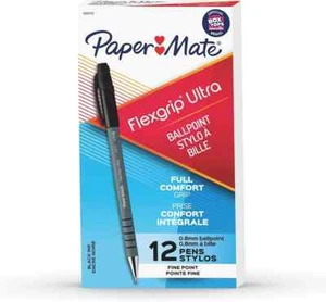 Paper Mate FLEXGRIP Ultra Ballpoint Black Ink Full Grip 12 Pens 0.8mm Fine Point - Picture 1 of 3