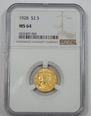 1928 GOLD Indian Head $2.50 Quarter Eagle CERTIFIED NGC MS 64 Cover