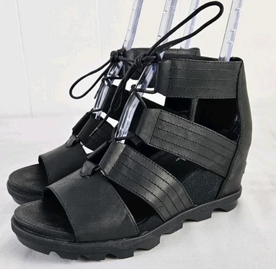 Sorel Women's Joanie II Lace Black Leather Wedge Sandals Sz 9.5 NL3324-010 NOTE! - Image 1 of 4