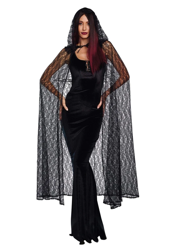 Dreamgirl Black Lace Hooded Gothic Cape Adult Womens Halloween Costume 11192