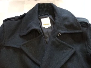 Diesel mens wool Blend Pea Coat L Black Leather Details Pockets Military Style - Picture 1 of 14